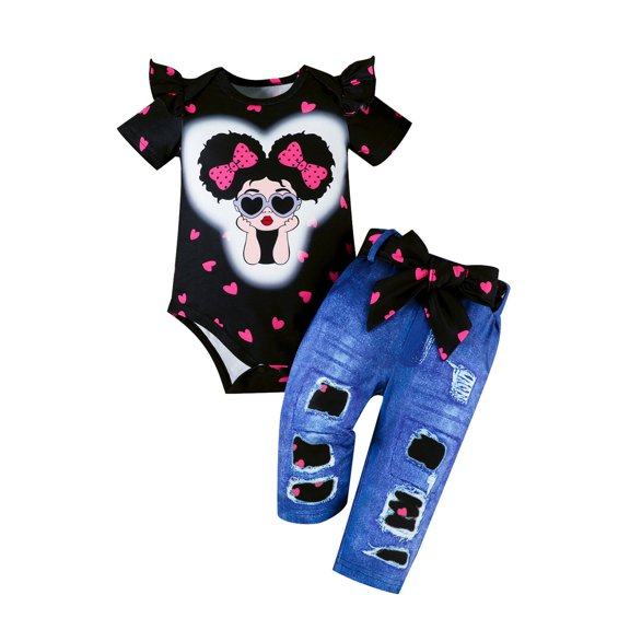 Tiijoy Baby Girls Outfits Graphic Ruffle Short Sleeve Romper Belt Denim Jeans Set, Sizes 0-18 Months
