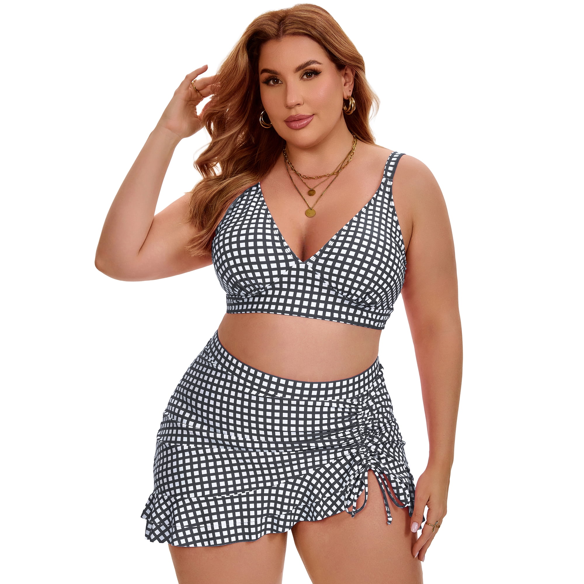 DARING DIVA Women's Plus with Retro Gingham High Waisted Bikini 2X Gray