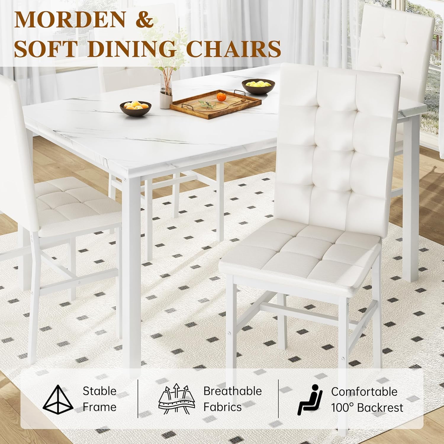 LinkRomat 5-Piece Faux Marble Dining Table Set for 4, Modern Kitchen Table with Chairs, Dinette Dining Room Furniture Set for Compact Space Saving