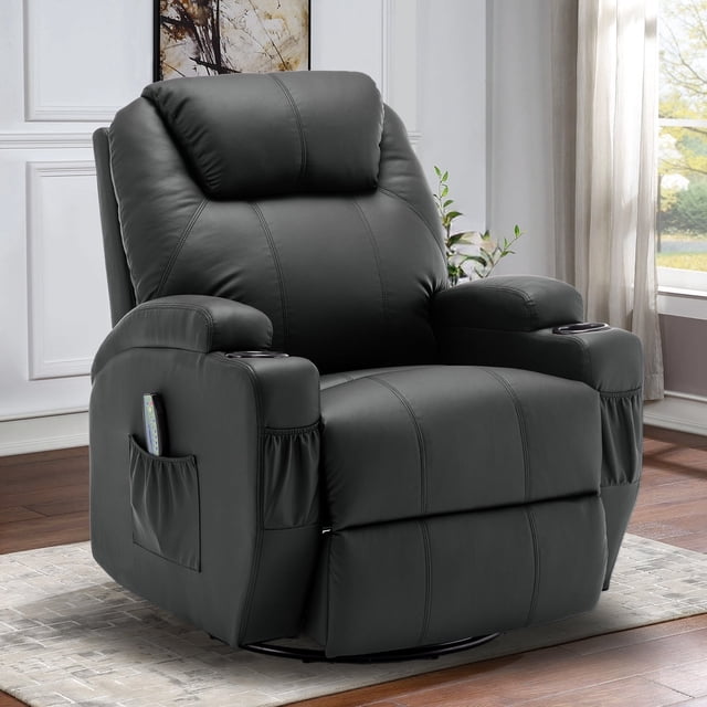 Lnsenfin Manual Swivel Rocker Recliner Chair with Massage Faux Leather for Living Room,Black