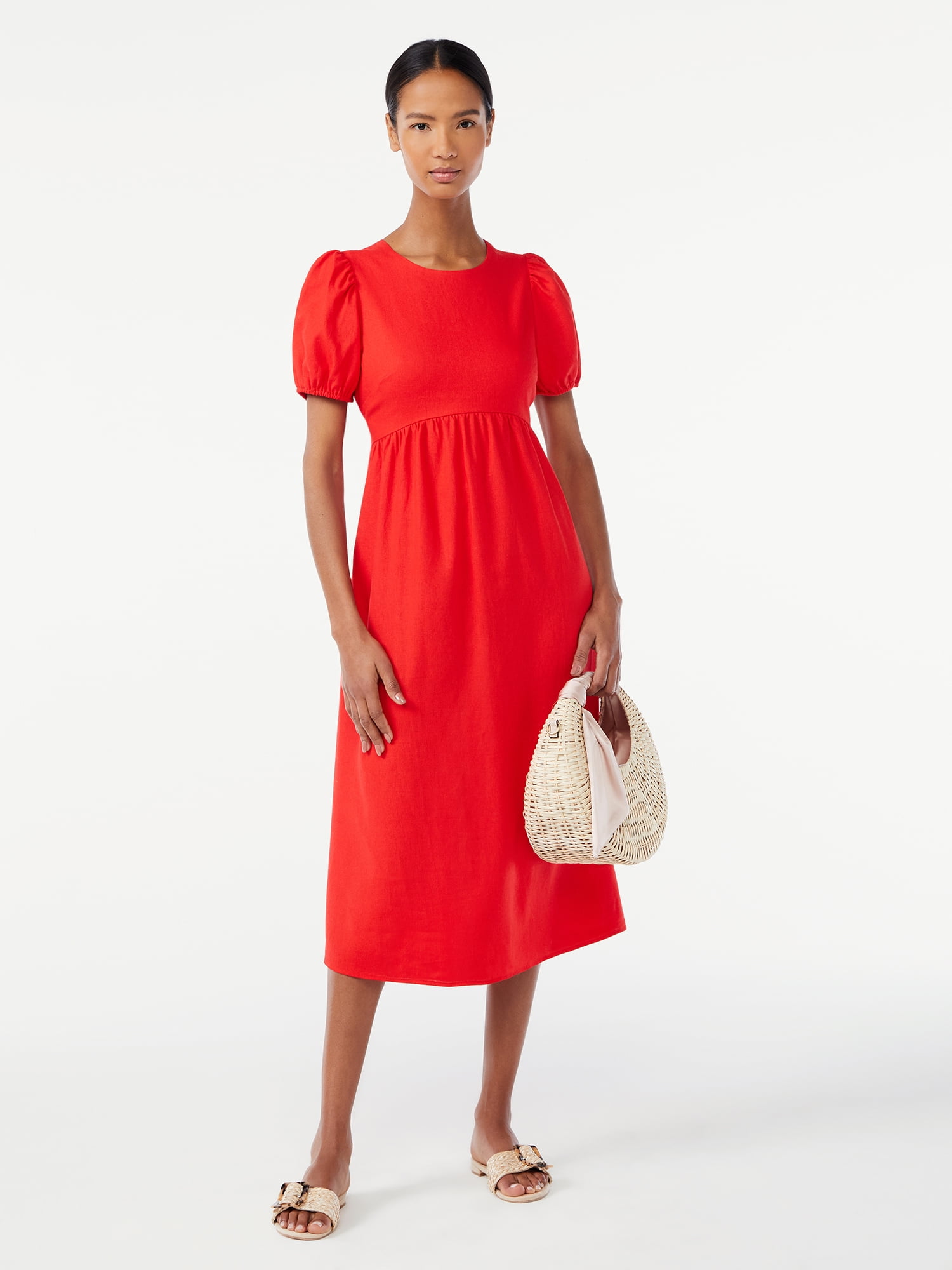 Scoop Women's Bow Back Midi Dress with Puff Sleeves - Walmart.com