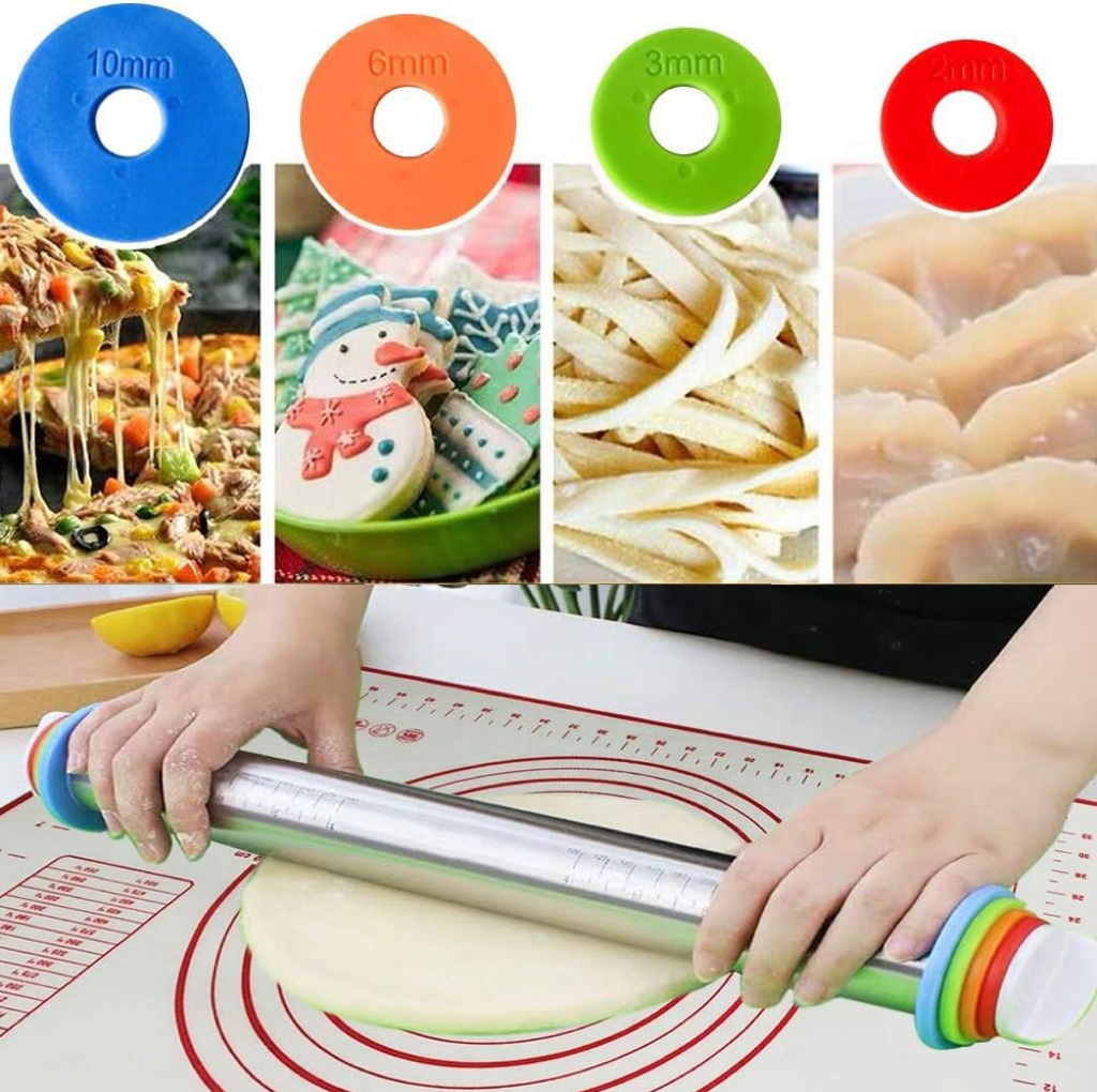 17" Stainless Steel Rolling Pin, Non-Stick Roller with Silicone Removable Rings and Baking Mat, Kitchen Bake Tools for Cooking Pizza Pie Cookies Pastries