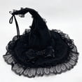 thumbnail image 6 of GILIGEGE Women's Solid Color Gothic Witch Hat,Ruffle Wide Brim Wizard Hat,Removable Green Bow Moon Star Pendant,Lolita Cosplay Accessory for Halloween Masquerade Party Black, 6 of 6