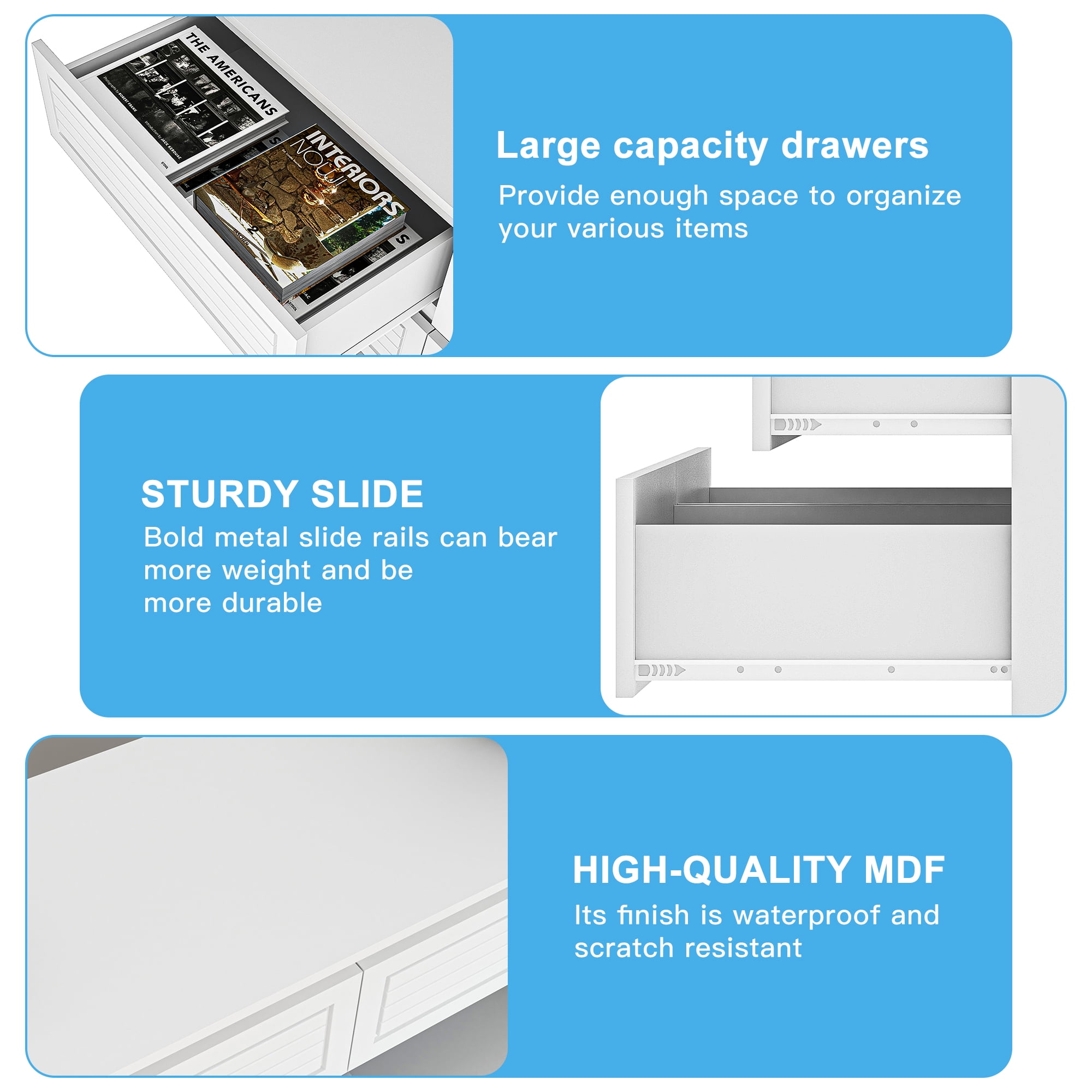 Demi Bonn 6-Drawer Double Dresser for Bedroom, 47" Chest of Drawers with Hidden Handle Wood Stripe Pattern Drawer Fronts, Modern Bedroom Furniture, White