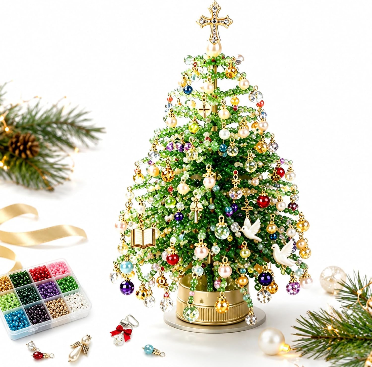 DIY Beaded Christian Tree Kit Crystal Holiday Craft Set for Adults Colorful Beads Ornament Charms Metal Frame Warm Glow Display Tabletop Decor Relaxing Project Holiday Gift
