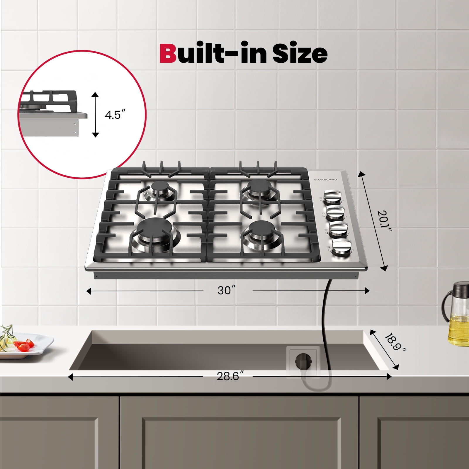 GASLAND 30 Inch Built-in Gas Cooktop, 4 Sealed SABAF Burners, Stainless Steel Dual Fuel Stovetop with Flame-Out Protection, CSA Certified (GH2304SS)