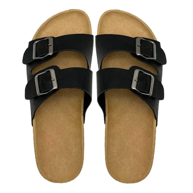 sandalia george talla 24 con hebilla negro vista cenital de par de sandalias negras talla 24 con doble cinta y hebilla metálica ajustable, plantilla beige de microfibra y suela sintética plana, diseño casual combinable para uso diario; a menudo usadas para paseos.