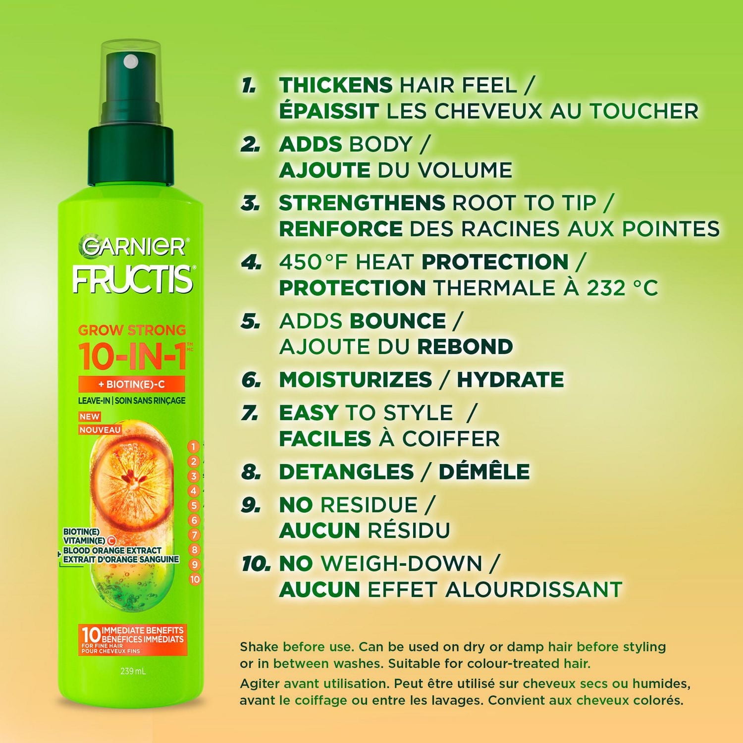 Garnier Fructis Grow Strong Thickening 10-in-1  Leave In Spray for Fine Hair, Heat Protectant, with Vitamin C, 239ml, Thicken hair feel