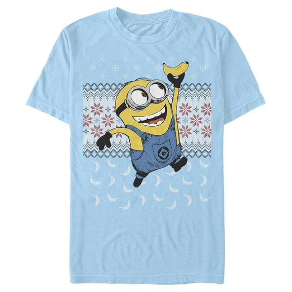 Men's Despicable Me Ugly Christmas Minons Banana  Graphic Tee Light Blue Large