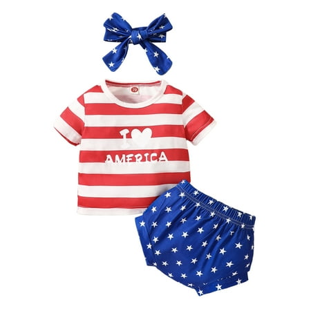

Bagilaanoe 4th of July Clothes for Toddler Baby Girls Short Sleeve Stars Striped Print T-shirt Tops + Shorts + Hairband 6M 12M 18M 24M 3T Kids Independence Day Outfits 3pcs Short Pants Set