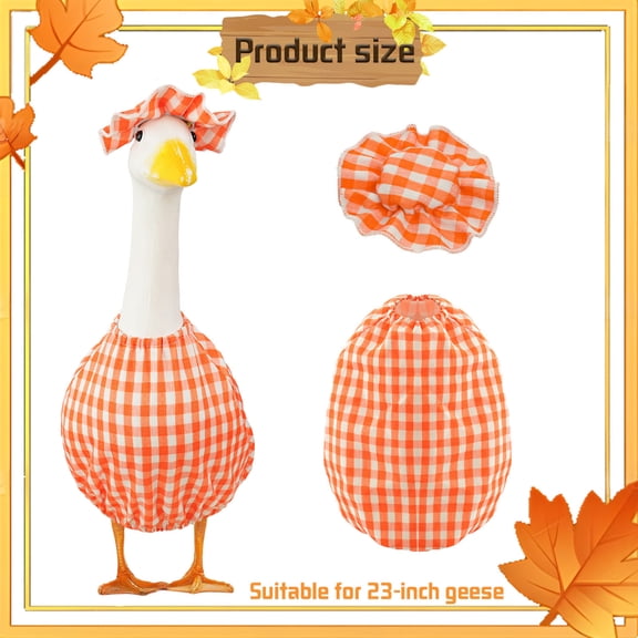 Orange Buffalo Check Plaid 23 Inch Porch Goose Outfits 2 Piece Set with Ruffled Hat and Elastic Bubble Tunic for Lawn Goose Statues Rustic Fall Harvest Front Porch Decor