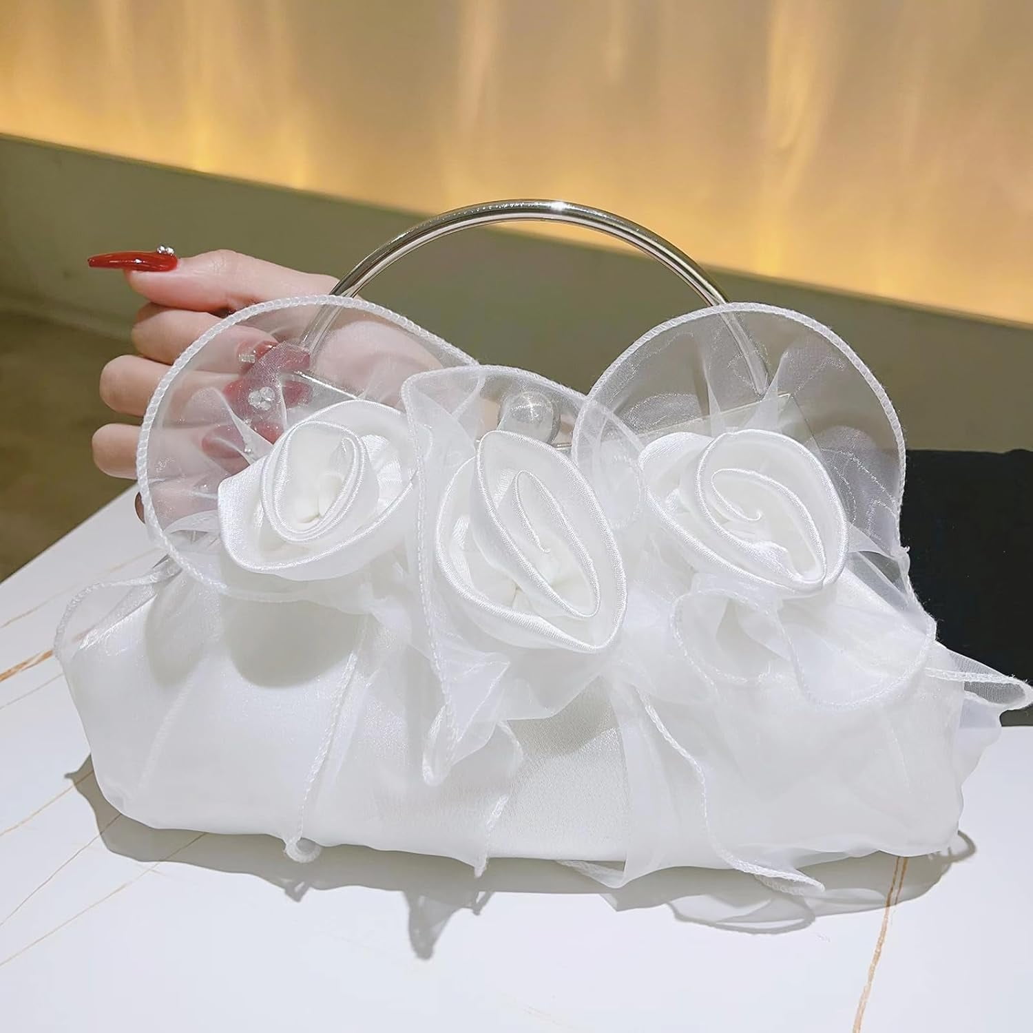 Elegant Satin Floral Clutch Purse with Detachable Chain Strap for Wedding, Prom, and Evening Parties – Bridesmaid, Betrothed, and Evening Bag for Women