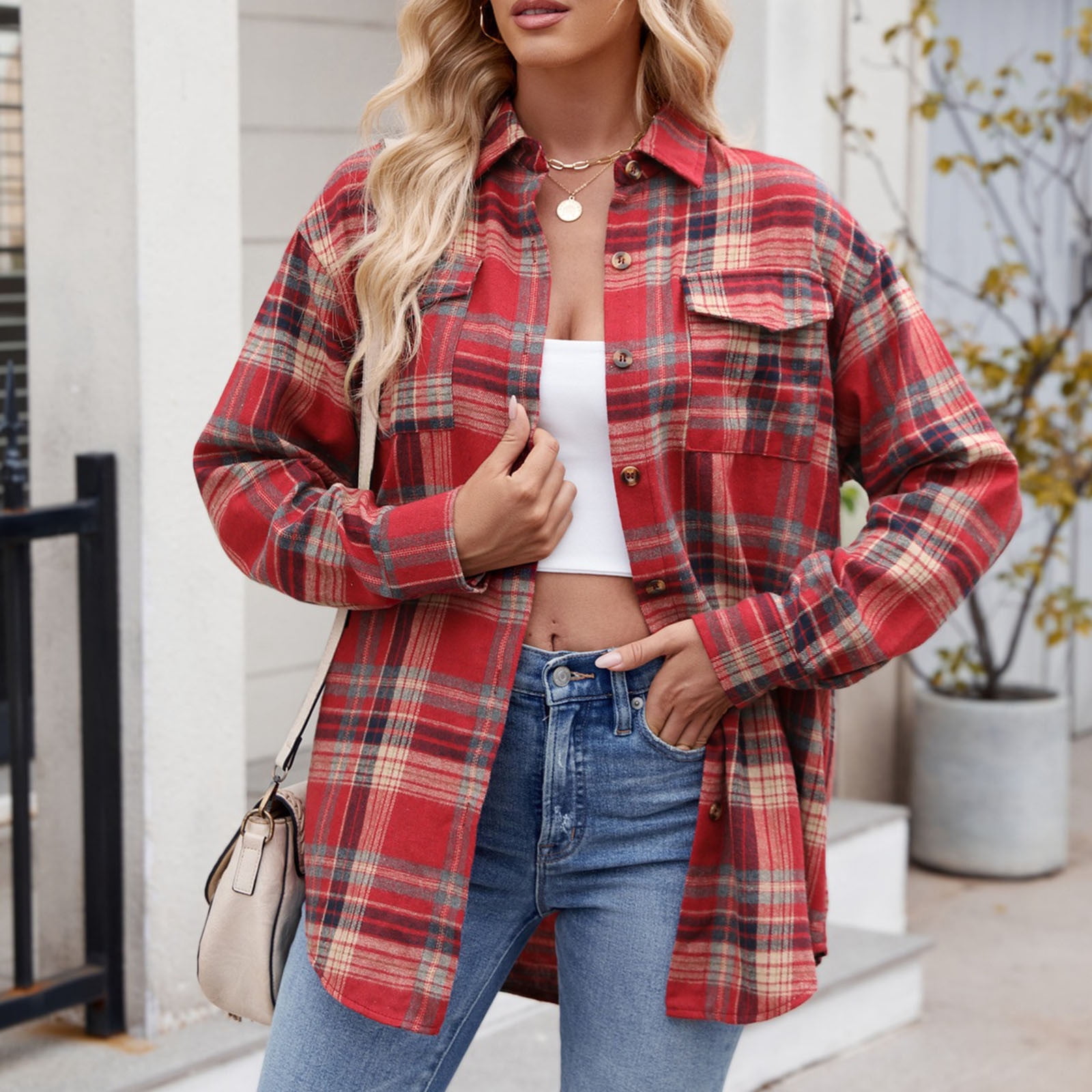 TIMIFIS Women's Classic Plaid Shirts Fall Casual Long Sleeves Button Up  Shirt Coats Lightweight Turndown Collar Tops with Pocket - Walmart.ca