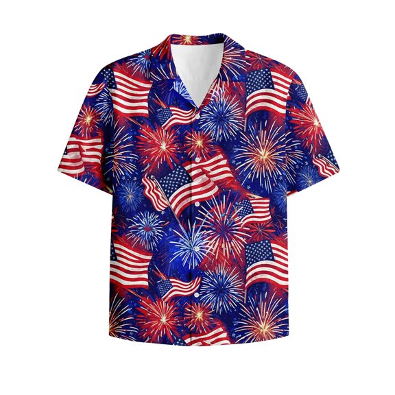 Y-Sunset Boys Patriotic 250th Anniversary Button Down Hawaiian Shirt, American Flag Firework Print Short Sleeve Casual Top for 4th of July Summer Outdoor(Red/2-3 Years)