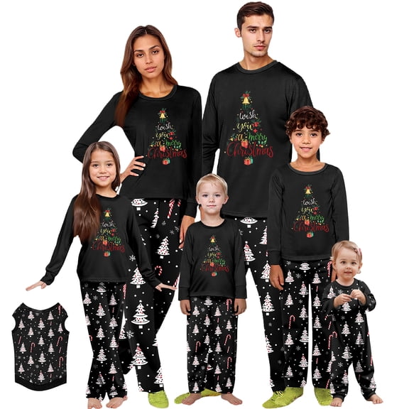 Christmas Pajamas Family Set - 2 piece Black Christmas Tree with Santa Hat Print Long Sleeve Top and Pants Loungewear, Casual Christmas Pajamas Sets for Family Holiday Eve for L Pjs