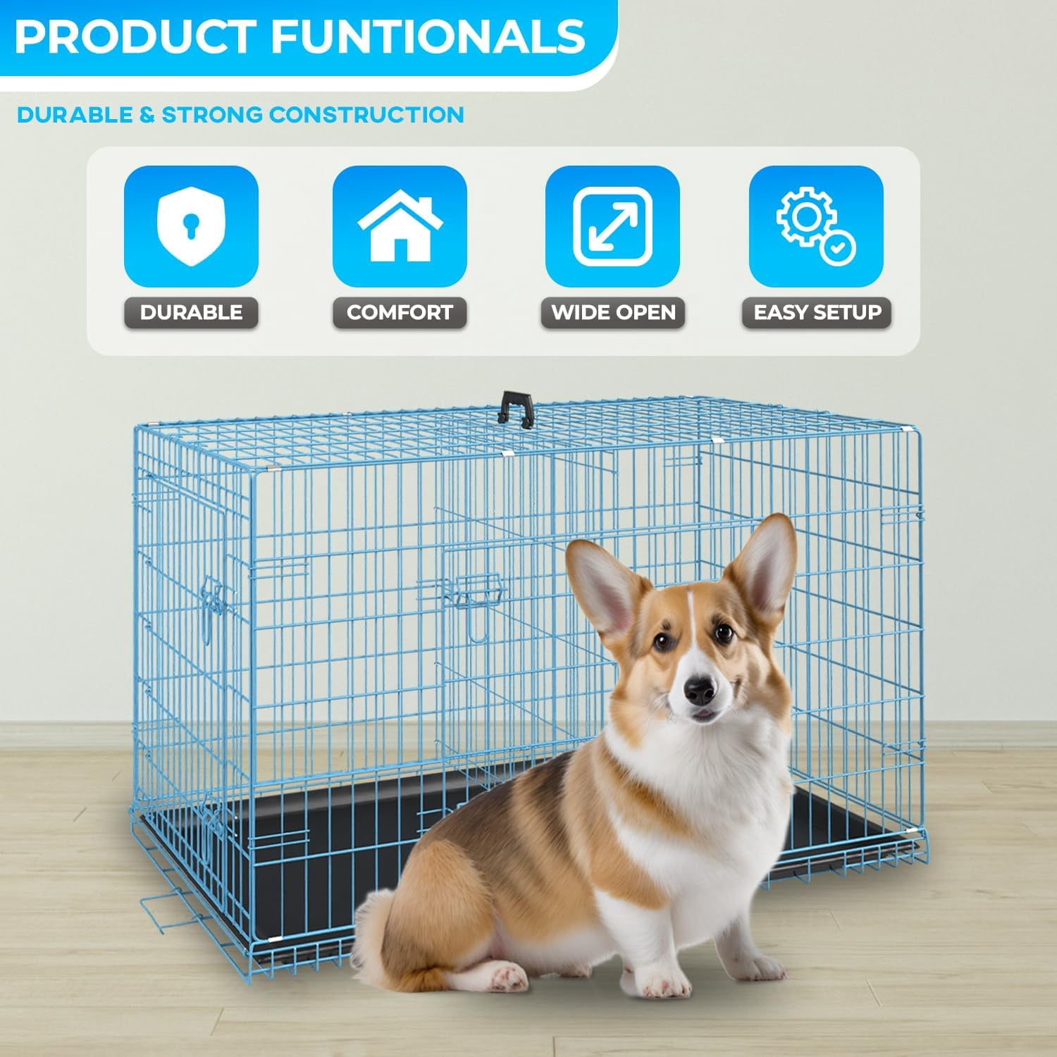 FDW 24 inch Foldable Metal Dog Crate for Small Dogs, Double Door, Divider, Removable Tray(Blue)