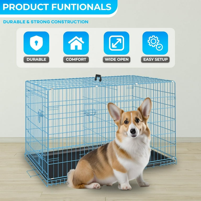 FDW 24 inch Foldable Metal Dog Crate for Small Dogs, Double Door, Divider, Removable Tray(Blue)