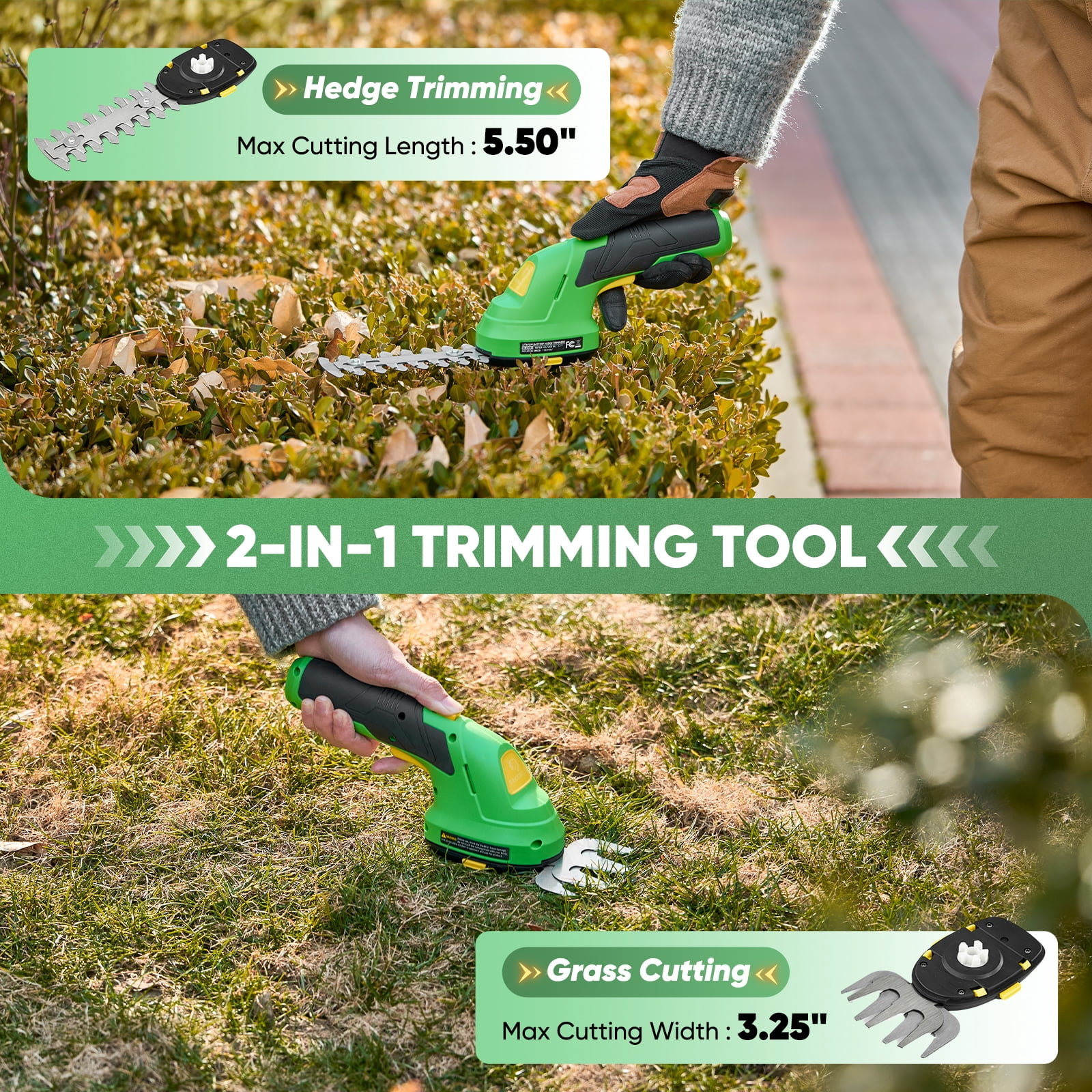 Saker 7.2V Cordless Hedge Trimmer with Battery and Charger, 2-in-1 Electric Grass Shear for Garden, Yard and Lawn