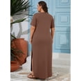 thumbnail image 6 of SHOWMALL Women's Plus Size Short Sleeve Maxi Dress, Cocoa Brown 1X Side Slit Rounded Hem Long T-Shirt Dress with Pockets for Vacation & Casual Wear, 6 of 6