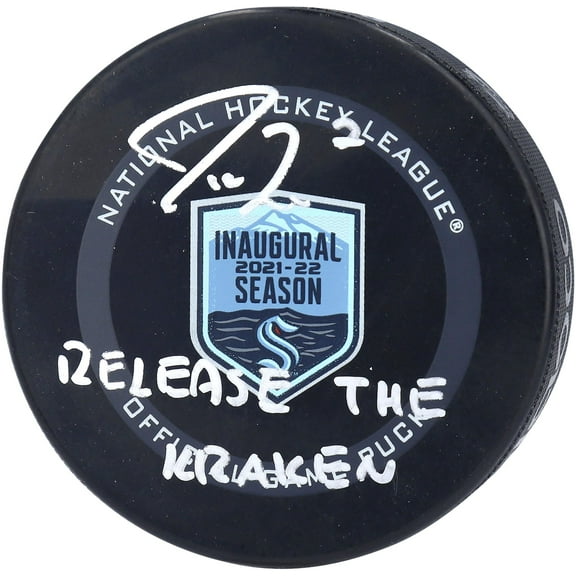 Jordan Eberle Seattle Kraken Autographed 2021-22 Inaugural Season Official Game Puck with "Release The Kraken" Inscription - Fanatics Authentic Certified