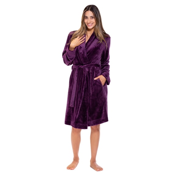 Turquaz Linen Women’s Fleece Shawl Collar Soft Plush Knee Length Spa Robe (Purple, XL)
