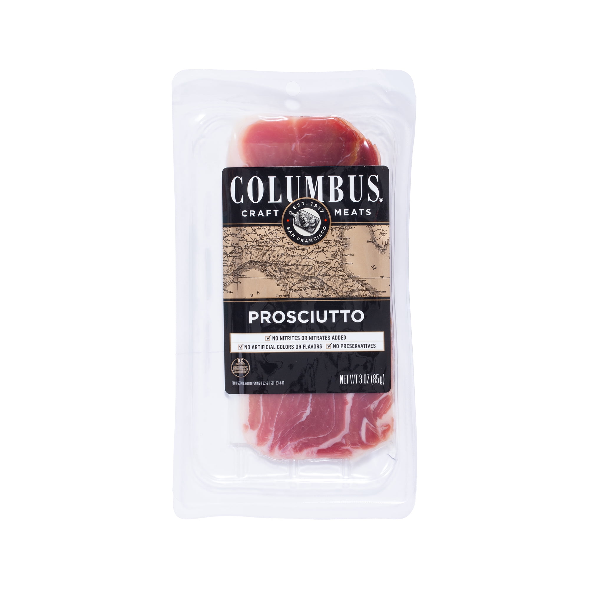 COLUMBUS Sliced Pork Prosciutto, Sliced Charcuterie Meat, Serving size 28 g, 3 oz Plastic Tray Package