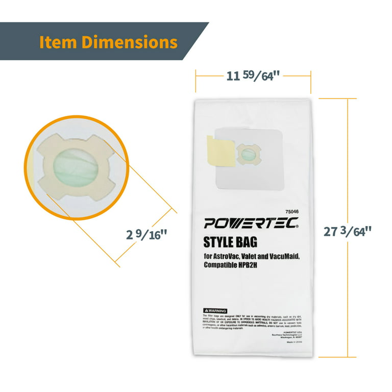 POWERTEC 75046 Filter Bags for AstroVac, Valet and VacuMaid HPB2H Vacuums,  3PK 