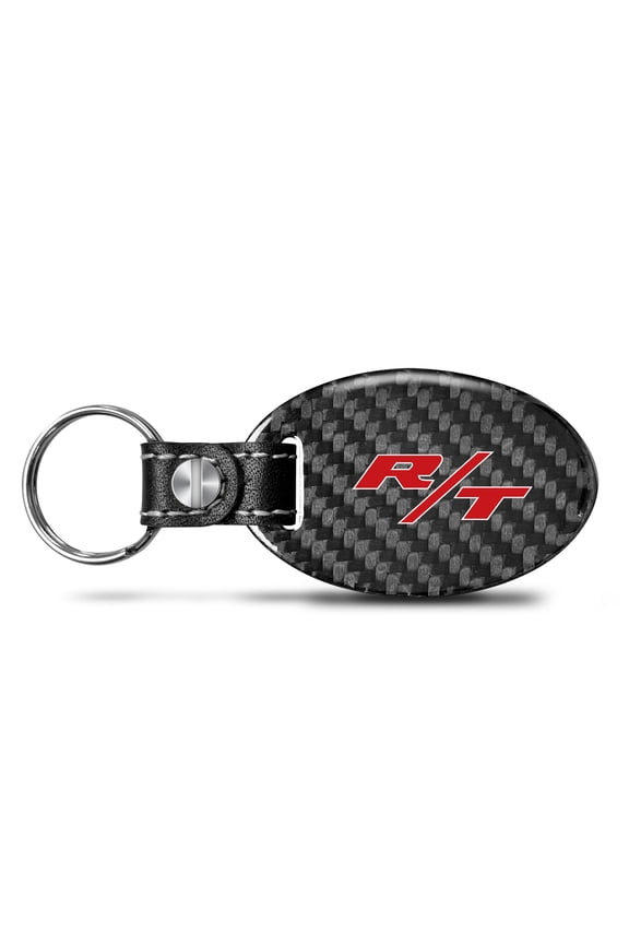 Dodge R/T Logo Real Carbon Fiber Large Oval Shape Black Leather Strap Key Chain