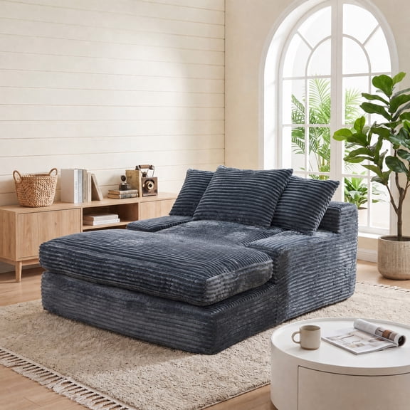 69" Indoor Chaise Lounge,Oversized Corduroy Upholstered Armless Sofa Bed, Deep Seat Sleeper Reading Chair,Comfy Sofa for Bedroom,Gray