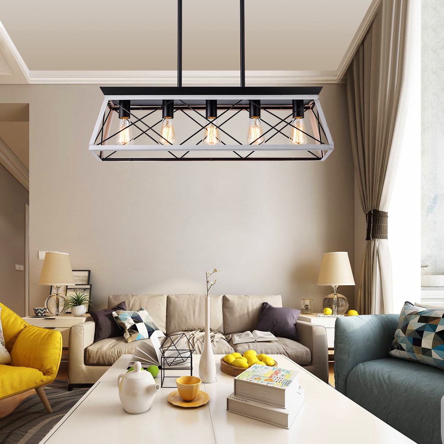 Black White Industrial 5-Light Pendant Chandelier 32 Inch, Metal Cage Design for Dining Room Kitchen, Black White