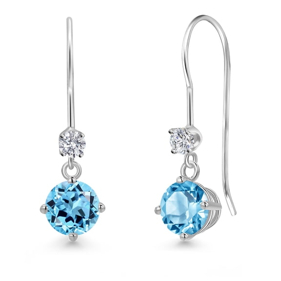 Gem Stone King 14K White Gold Swiss Blue Topaz and Lab Grown Diamond Earrings for Women | 1.43 Cttw | Gemstone November Birthstone | Round 5MM