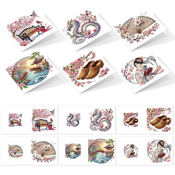 6pcs Diamond Painting Kit Greeting Cards, Dragon Fan Design 5D Handmade Art Birthday Holiday Cards with Envelopes, Christmas Gift