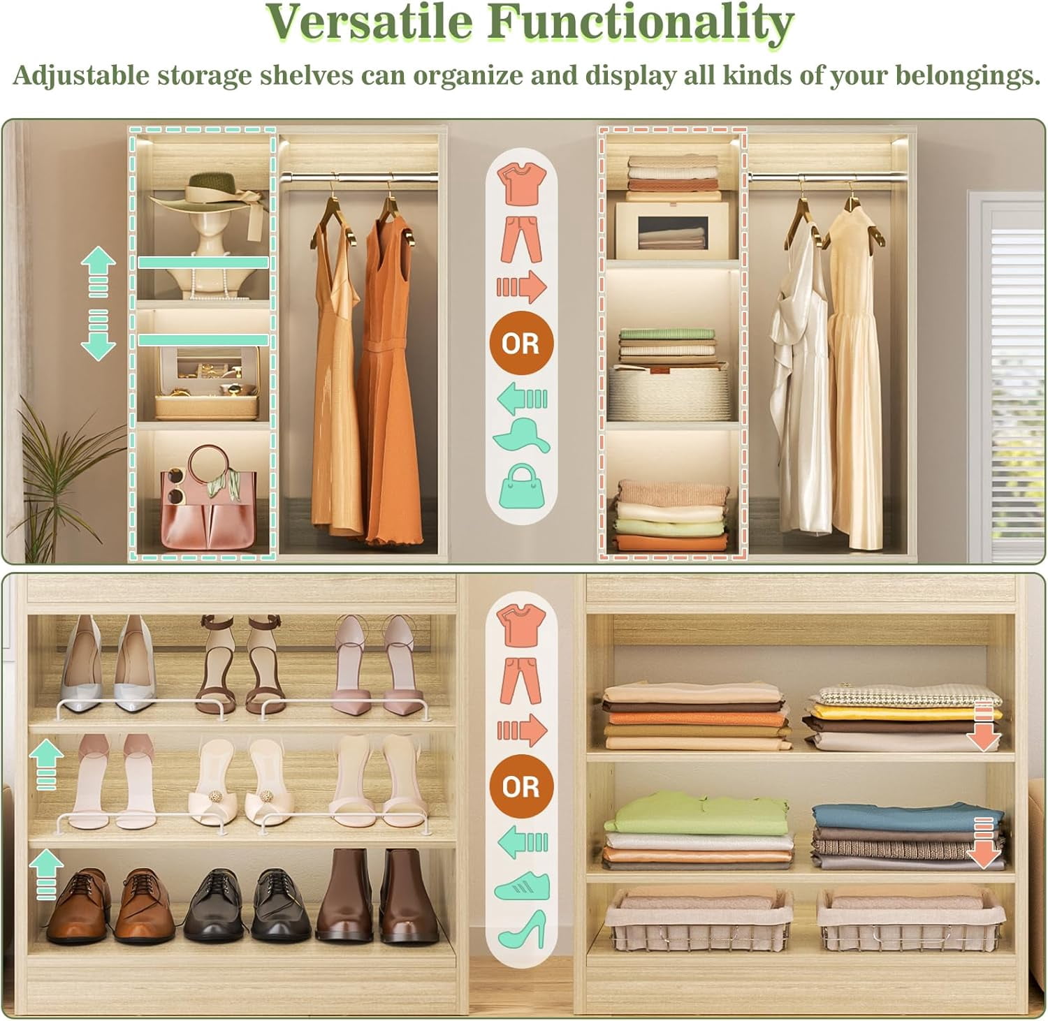 Homieasy Closet System, 2.4–8.8 FT Closet Organizer System with 2 Drawers, 5 Hanging Rods and Shoe Racks for Walk-in Closet, Bedroom, White Oak