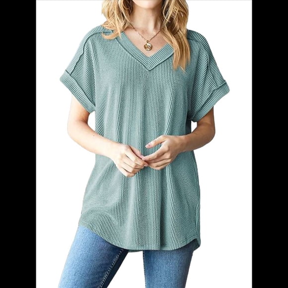 Blusa Informal de Verano para Mujer, de Corta, con Cuello en V, de Punto, Holgada, , Elegante. Verde M