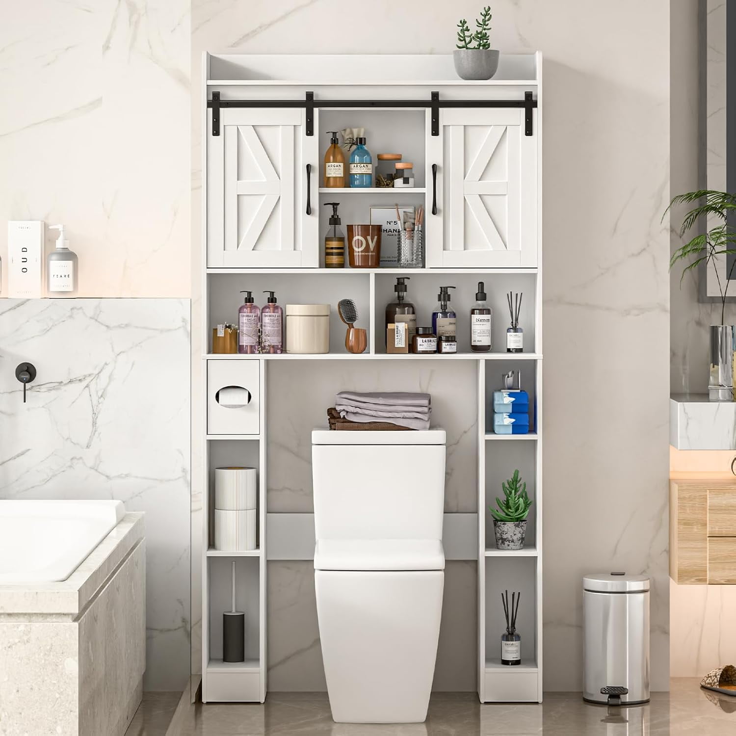 Vabches Over The Toilet Bathroom Storage Cabinet with Sliding Doors, Bathroom Space Saver Organizer Toilet Rack with 6 Storage Shelves, for Bathroom, Restroom, Laundry