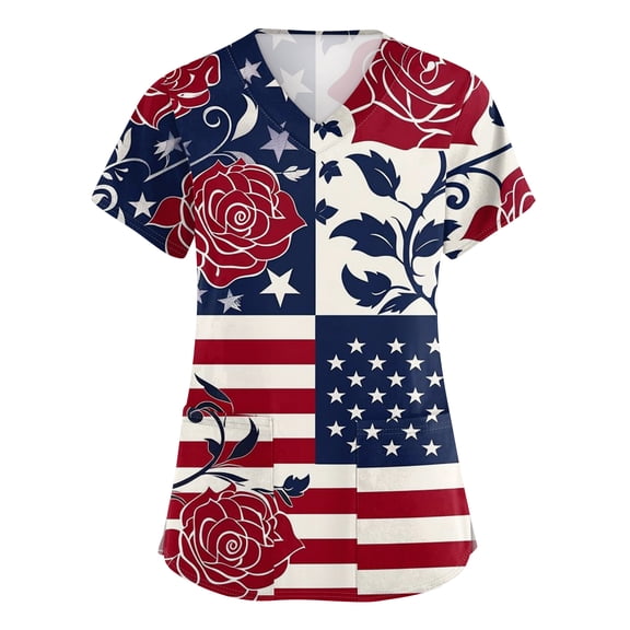 Evdexr Independence Day Scrub Tops for Women Patriotic V Neck Scrubs 1776 2026 Short Sleeve Usa Flag Nursing Uniforms Lightweight Shirts with Pockets Deep Red XL