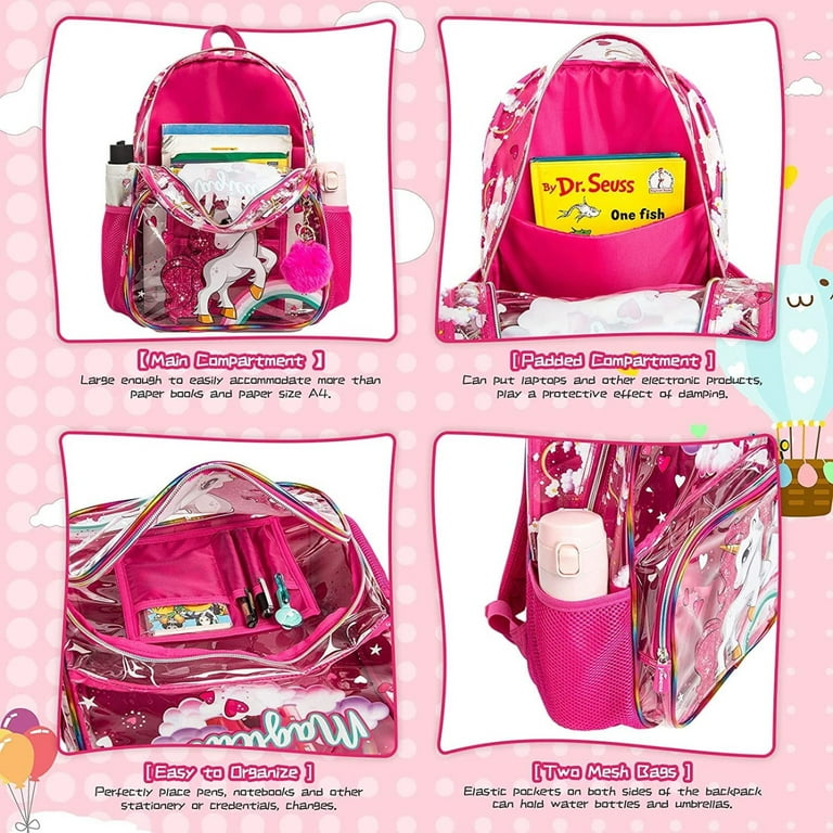 Ivyh Transparent Backpack 3pcs Set Clear School Bag See Through Backpacks Travel Bookbag with Lunch Bag Pencil Case,Pink Unicorn, Kids Unisex, Size