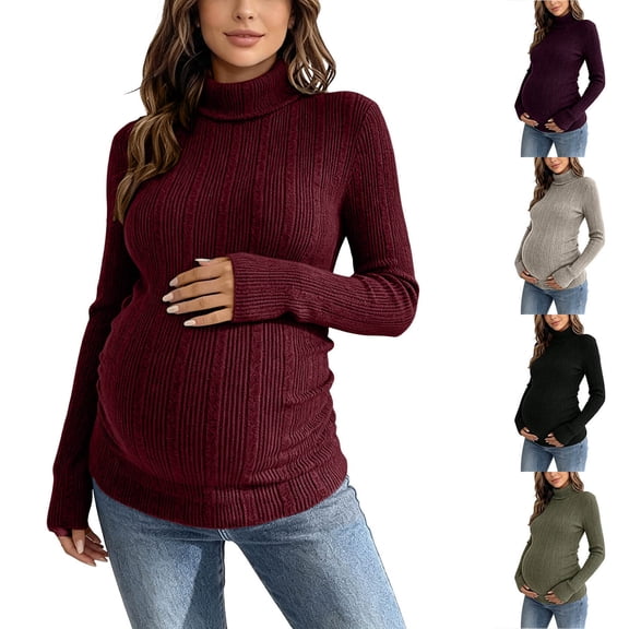 Gfyviroh Women's Maternity Knit Tops High Neck Ribbed Comfy Pregnancy Sweaters Long Sleeve Lightweight Slim Stretch Pullover Tops