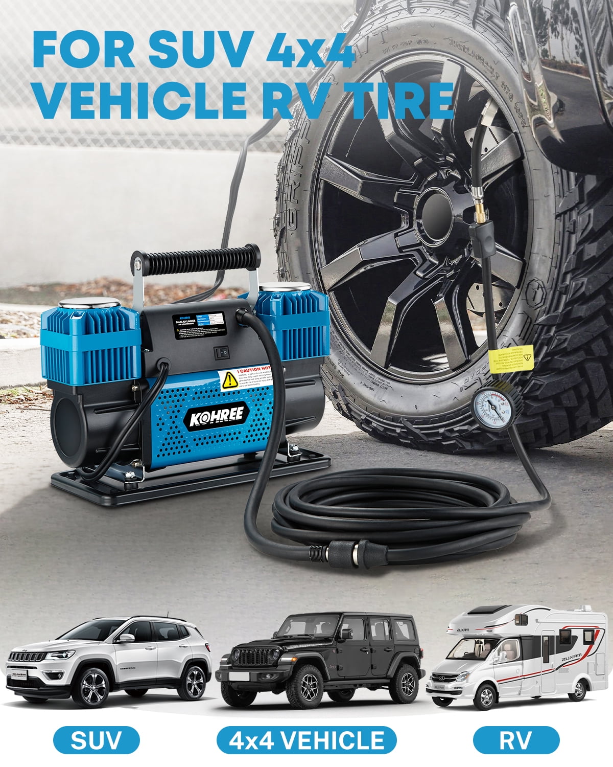 Kohree 12V Dual Cylinder Air Compressor,150 PSI Heavy Duty Tire Air Pump with 12.35 ft³/Min Fast Tire Inflator for Offroad Truck, RV, 4x4 Vehicles