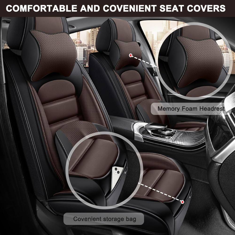 AFUNTIO Leather 5 Seat Covers for Ford 99% Models,Luxury Car Seat Cushions Full Set,Waterproof Car Sit Protectors,Nonslip Interior Accessories(Black and Coffee)