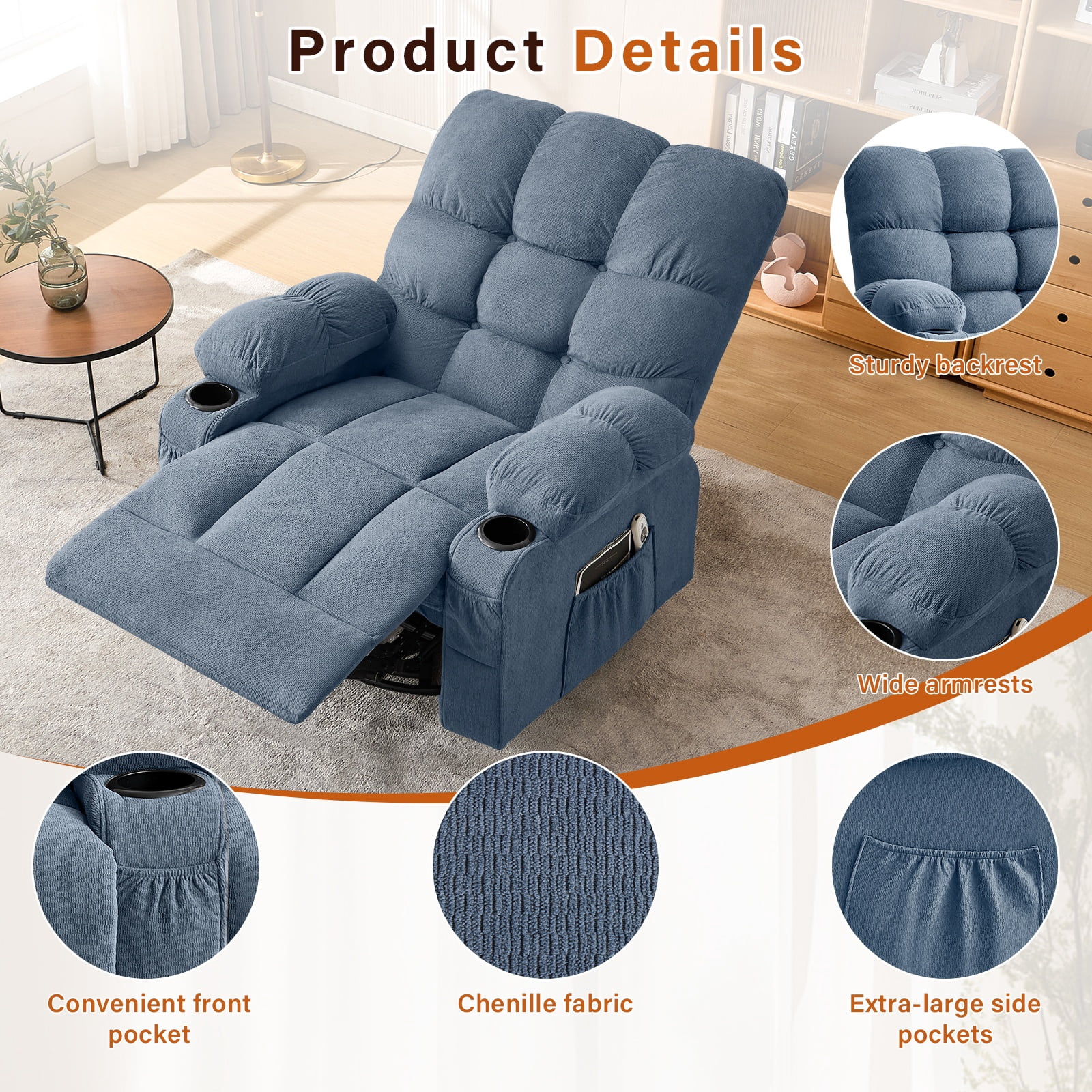 Alvantor Swivel Rocker Recliner Chair with Massage & Heat Single Rocker Sofa with Cup Holders for Bedroom Home Theater Blue