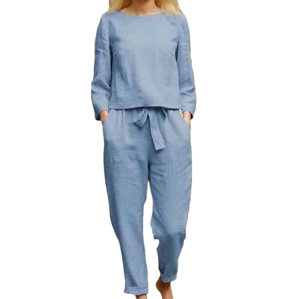 Laibory Cotton Linen 2 Piece Outfits for Women Solid Color Crewneck Long Sleeve Tops Loose Fit Bow Pocket Pants Set Soft Suit