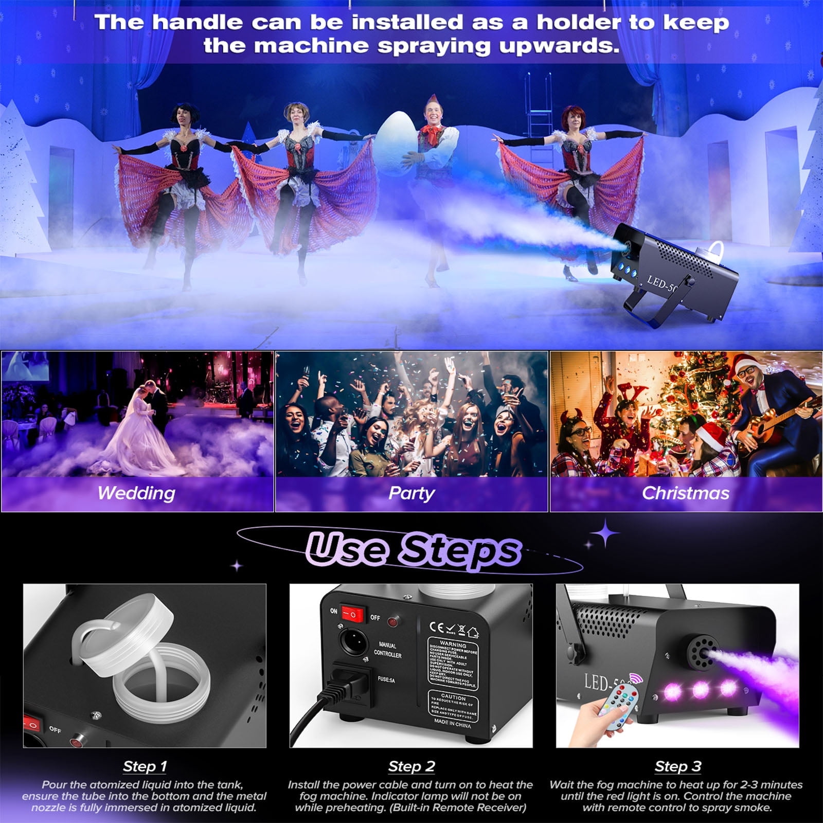 500W Fog Machine with RGB LED Lights, Remote Control, 3000CFM, 15 Lighting Effects for Wedding, DJ, Party, Concert, Halloween