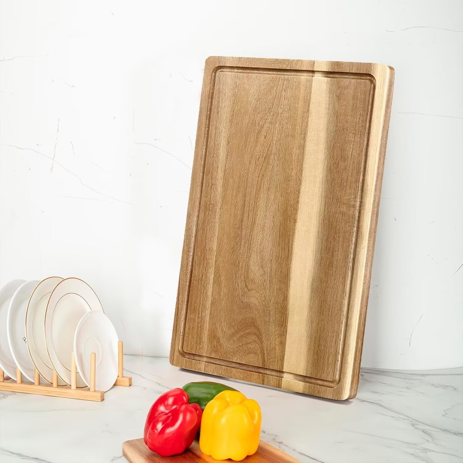 ATENOW Large Cutting Boards for Kitchen, 18x12in Acacia Wood Cutting Board with Juice Groove & Handles, 1" Thick Chopping Board, Charcuterie Cheese Serving Tray