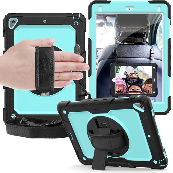 For Apple iPad Mini 4th / Mini 5th Generation Shockproof Protective 360 Rotating Stand W. Strap Case Cover - Black/Black