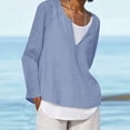 thumbnail image 2 of Cotton Linen Tops for Women Crew Neck Button Long Sleeve Tshirts Solid Casual Loose Comfy Plus Size Blouse Tees Blue, 2 of 5