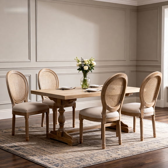 French Country Dining Chairs Set of 2, Upholstered Chairs with Round Back, Wire drawing techniques , for Living Room, Kitchen , Restaurant Use, Beige