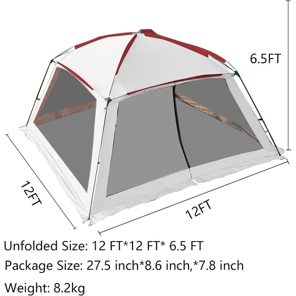 12x12 Ft Screen House Tent - Pop Up Mesh Canopy Shelter with Waterproof & Sunshade Roof, Easy Setup for Camping, Backyard, Beach, Picnic, Red White