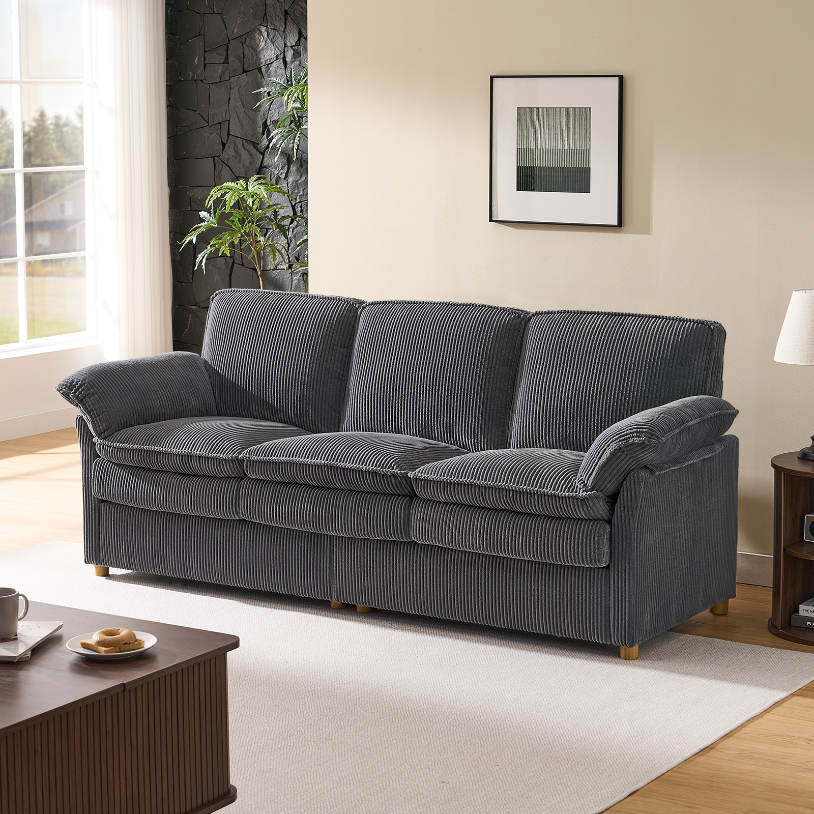 86.6" Corduroy Couches, Comfy 3 Seater Sofa with Pillow Top Armrest & Dual-Layer Cushions for Living Room Bedroom, Grey