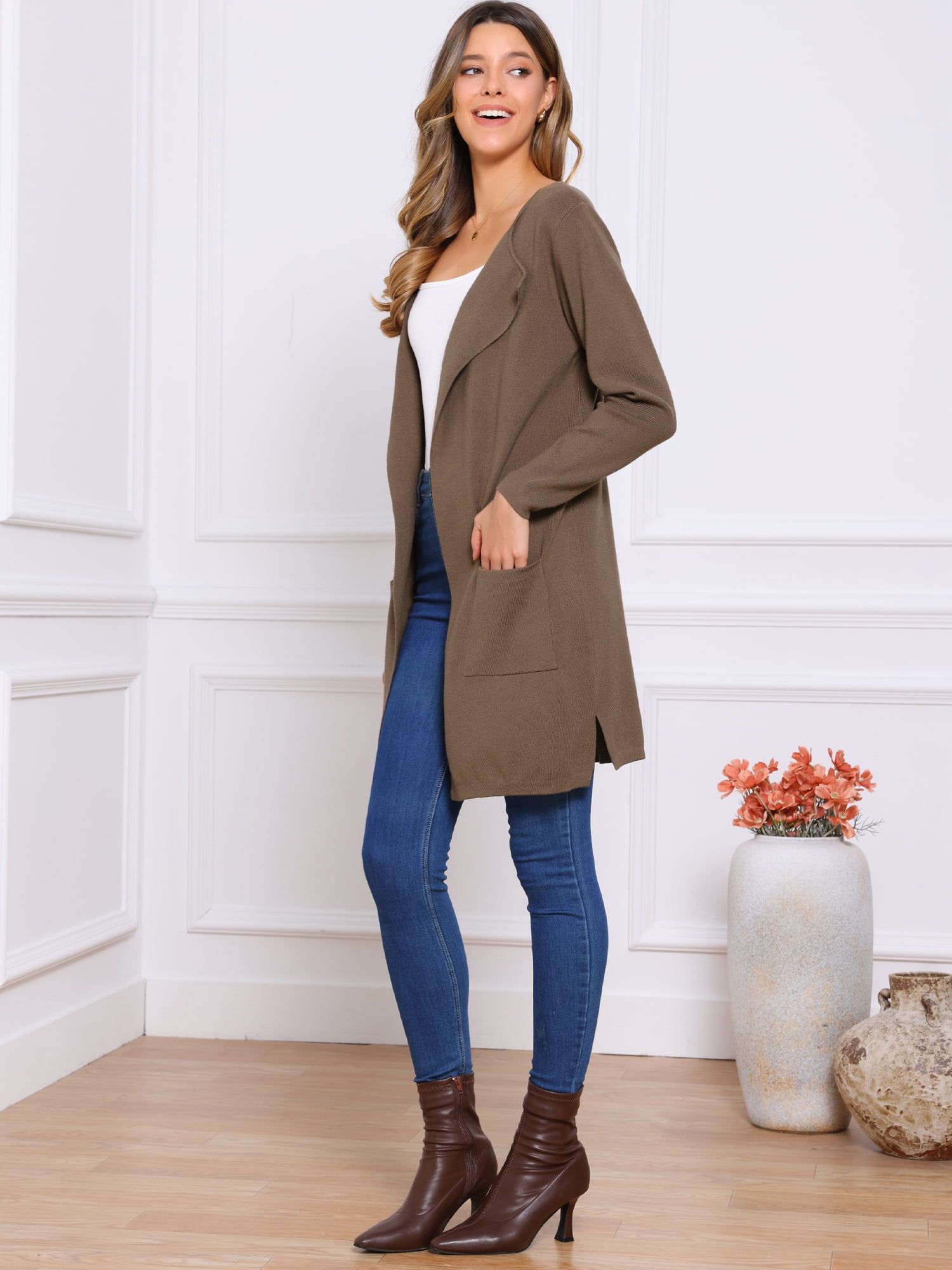 DARING DIVA Women's Spring Open Front Knit Long Cardigan Sweaters S Coffee